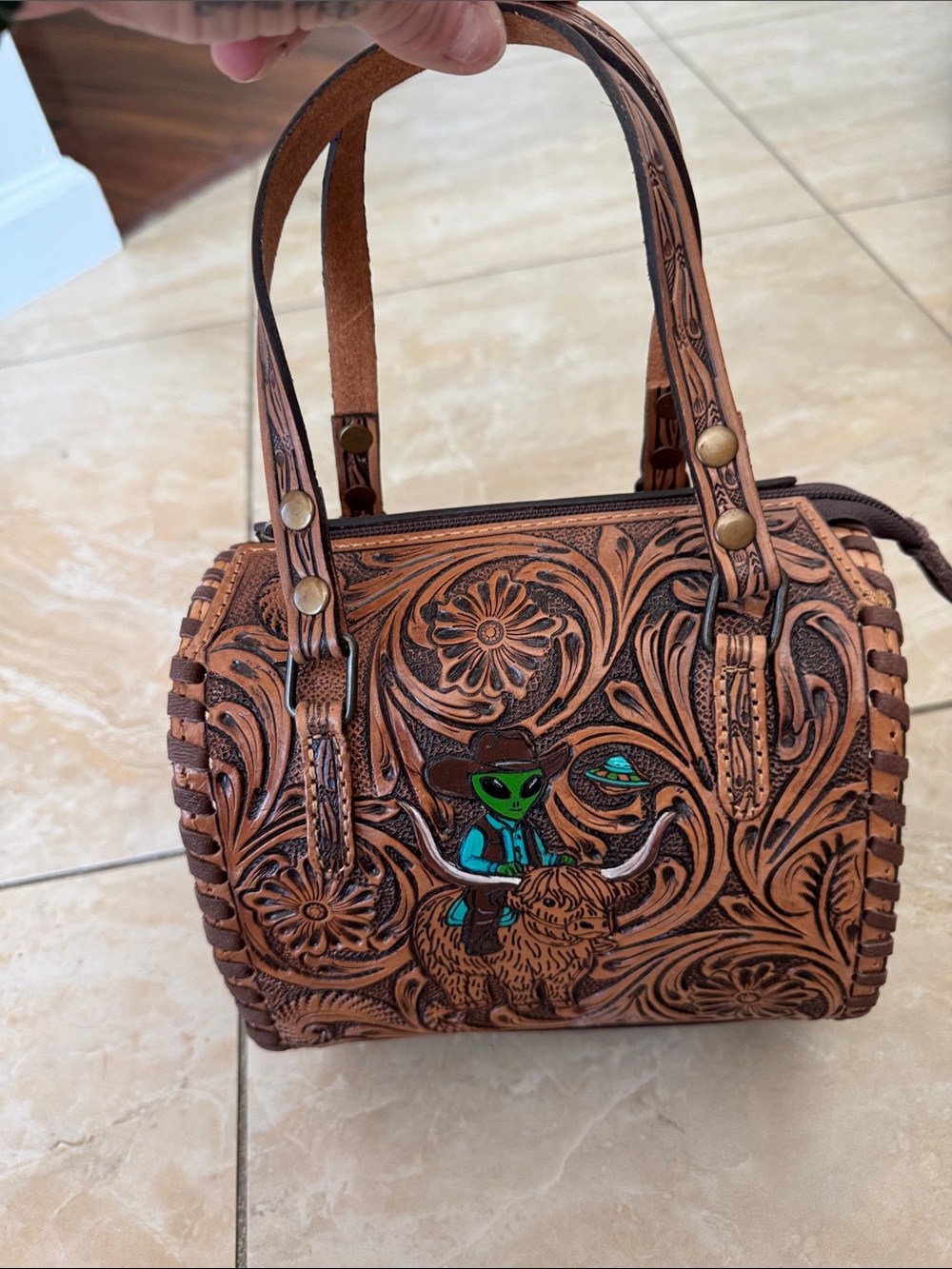 Small speedy Hand-Tooled Brown Leather Satchel with Turquoise Accent